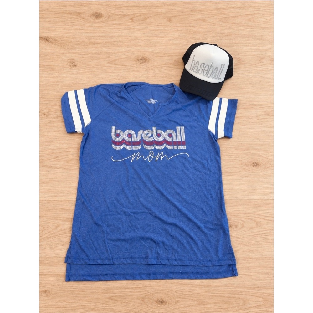 Baseball Mom Graphic Tee and Rhinestone Trucker Hat Set Blue White Navy